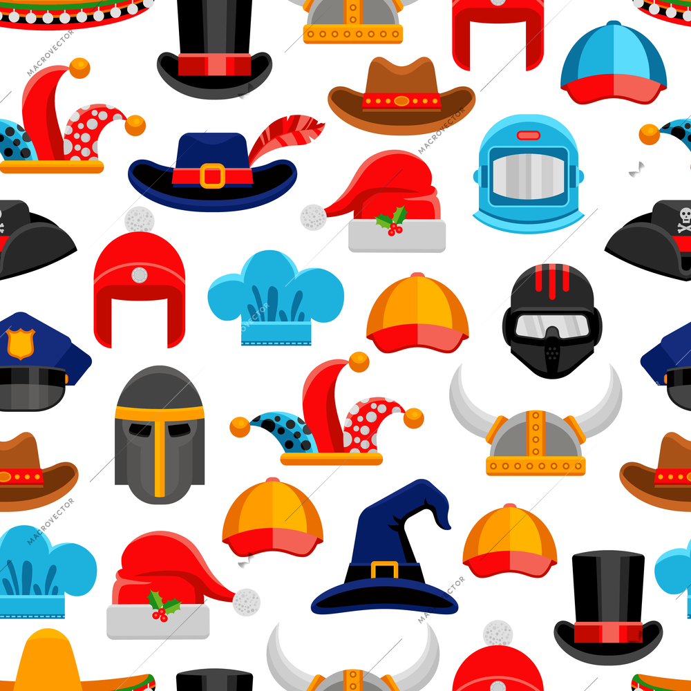 Headwear seamless colorful pattern with different kinds of hats from various ages and styles vector illustration