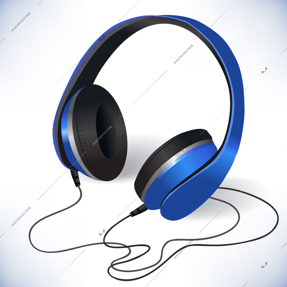 Blue isolated headphones for stereo music emblem poster on white background vector illustration