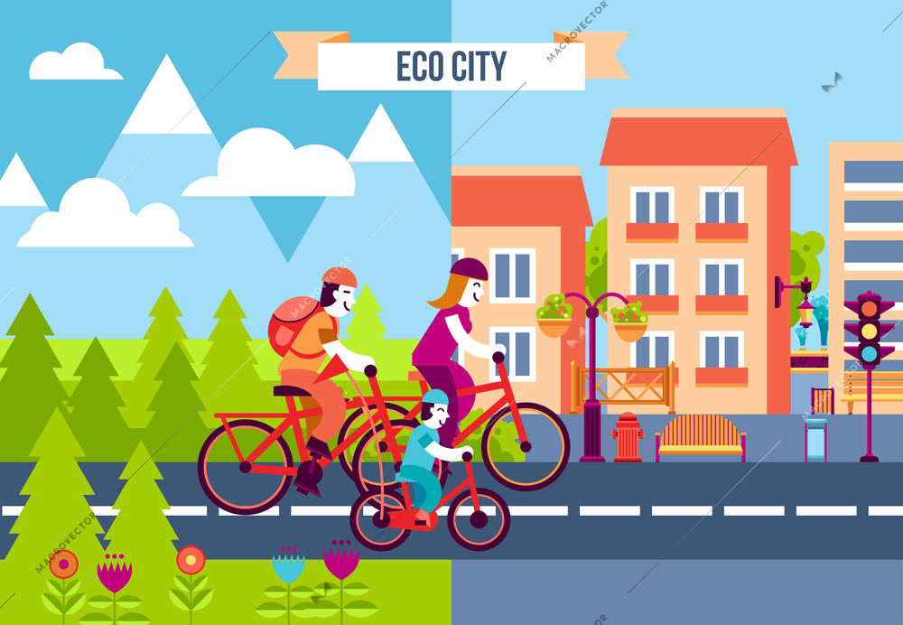 Set of decorative icons with family traveling by bicycles from the suburb to the eco city vector illustration