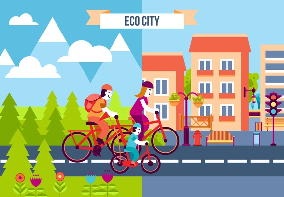 Set of decorative icons with family traveling by bicycles from the suburb to the eco city vector illustration