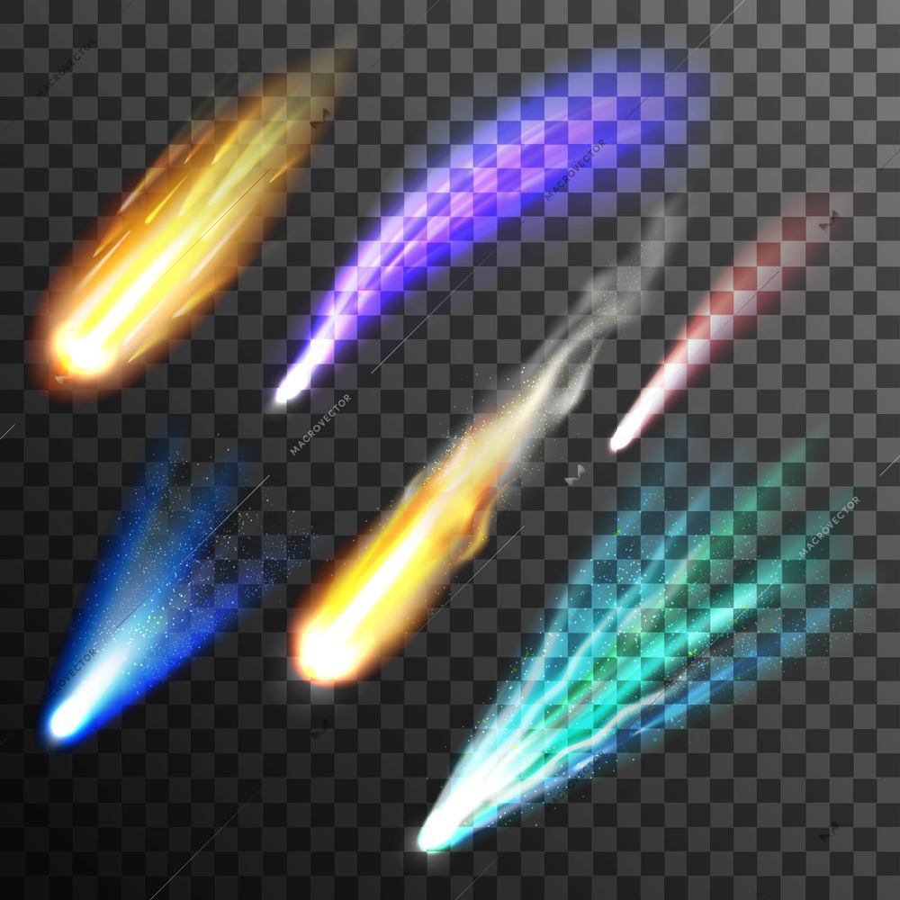 Falling multicolored meteor and comet of different size on transparent black and grey plaid background flat vector illustration