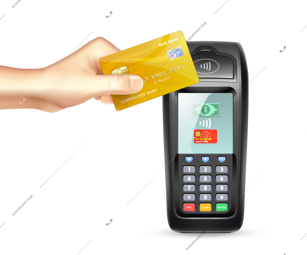 Payment terminal and gold credit card in human hand in realistic style vector illustration