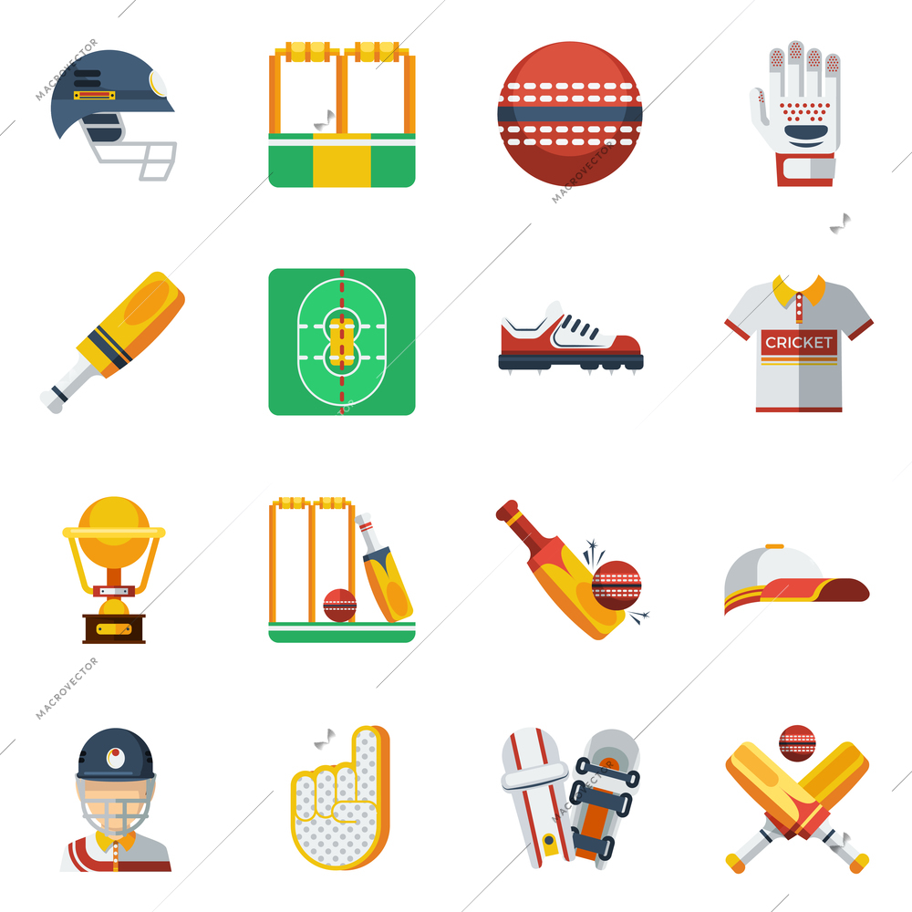 Cricket Icons Set. Cricket Vector Illustration. Cricket Flat Symbols. Cricket Design Set. Cricket Elements Collection.