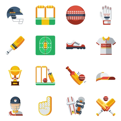 Cricket Icons Set. Cricket Vector Illustration. Cricket Flat Symbols. Cricket Design Set. Cricket Elements Collection.