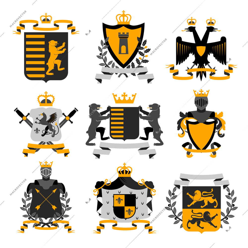 Heraldic coat of arms family crest and shields emblems golden black icons collection abstract isolated vector illustration