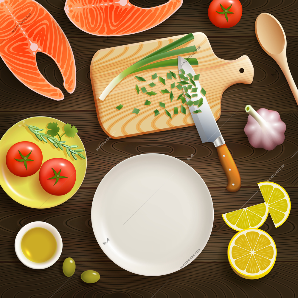 Cooking fish dish flat lay photo composition with chopped young onion on cutting board dark background vector illustration