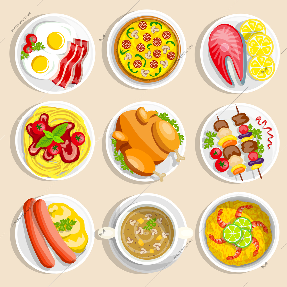 Main dishes set with traditional food dinner breakfast eggs chicken pizza pasta on the plate vector illustration