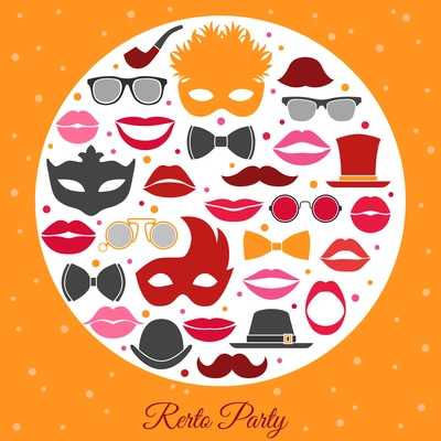 Retro party invitation with colorful decorative icons set of masquerade costume attributes in white circle in vintage style flat vector illustration