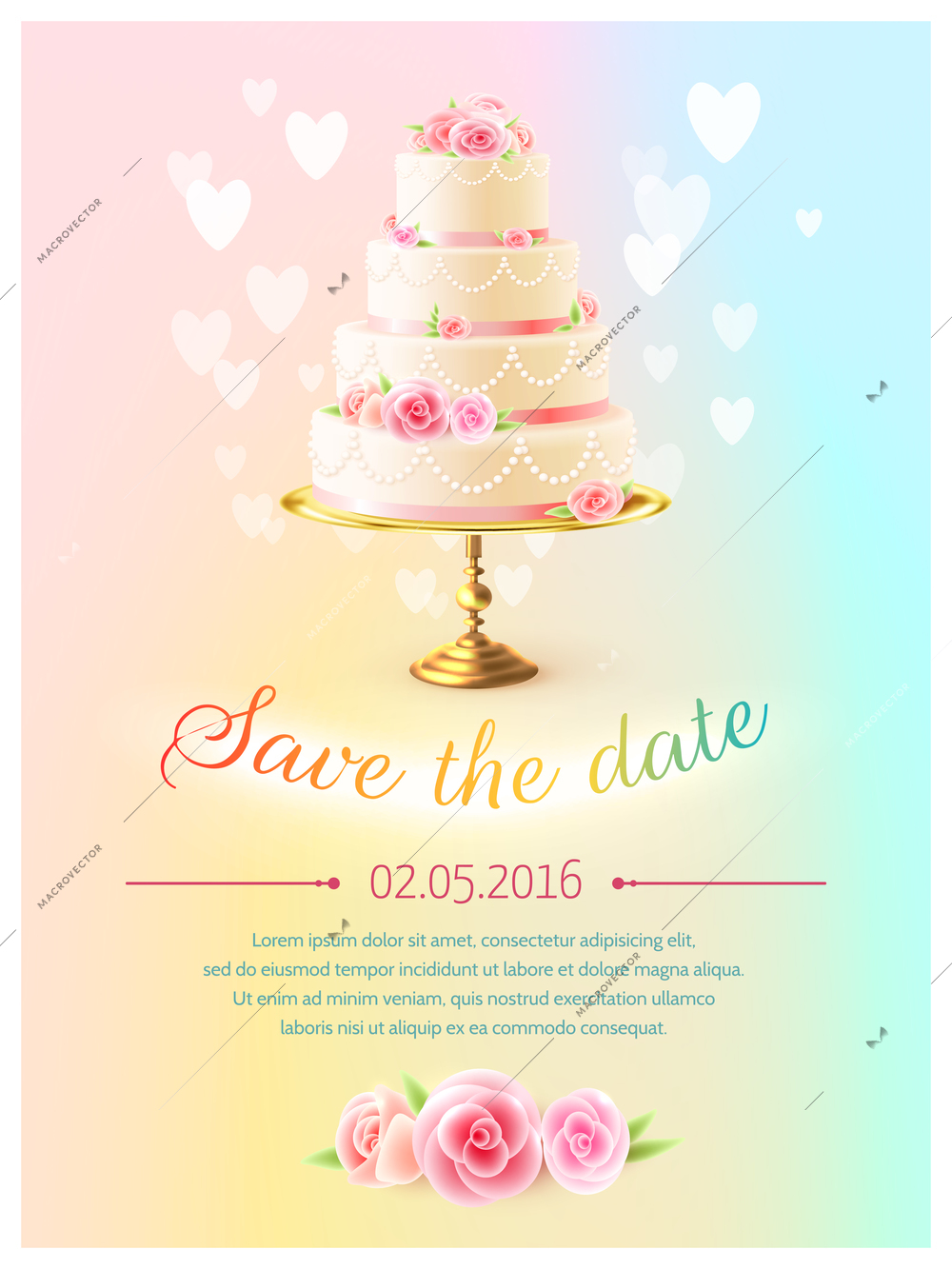 Wedding announcement invitation card with event date and classical tiered cake and heart symbols realistic vector illustration