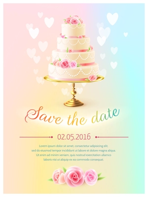 Wedding announcement invitation card with event date and classical tiered cake and heart symbols realistic vector illustration