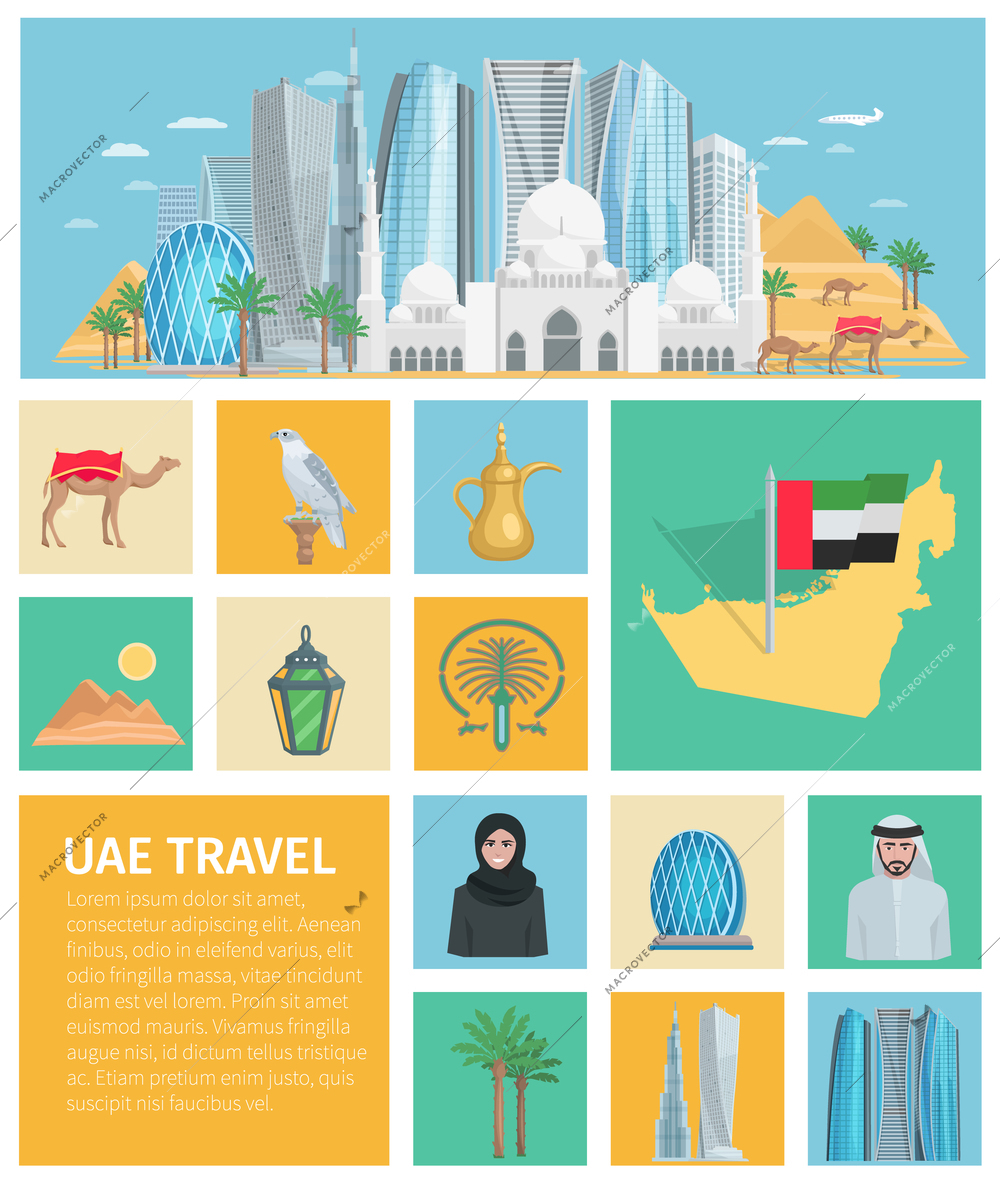 United arab emirates decorative icons set with traditional clothes and travel symbols of country isolated vector illustration