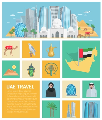 United arab emirates decorative icons set with traditional clothes and travel symbols of country isolated vector illustration