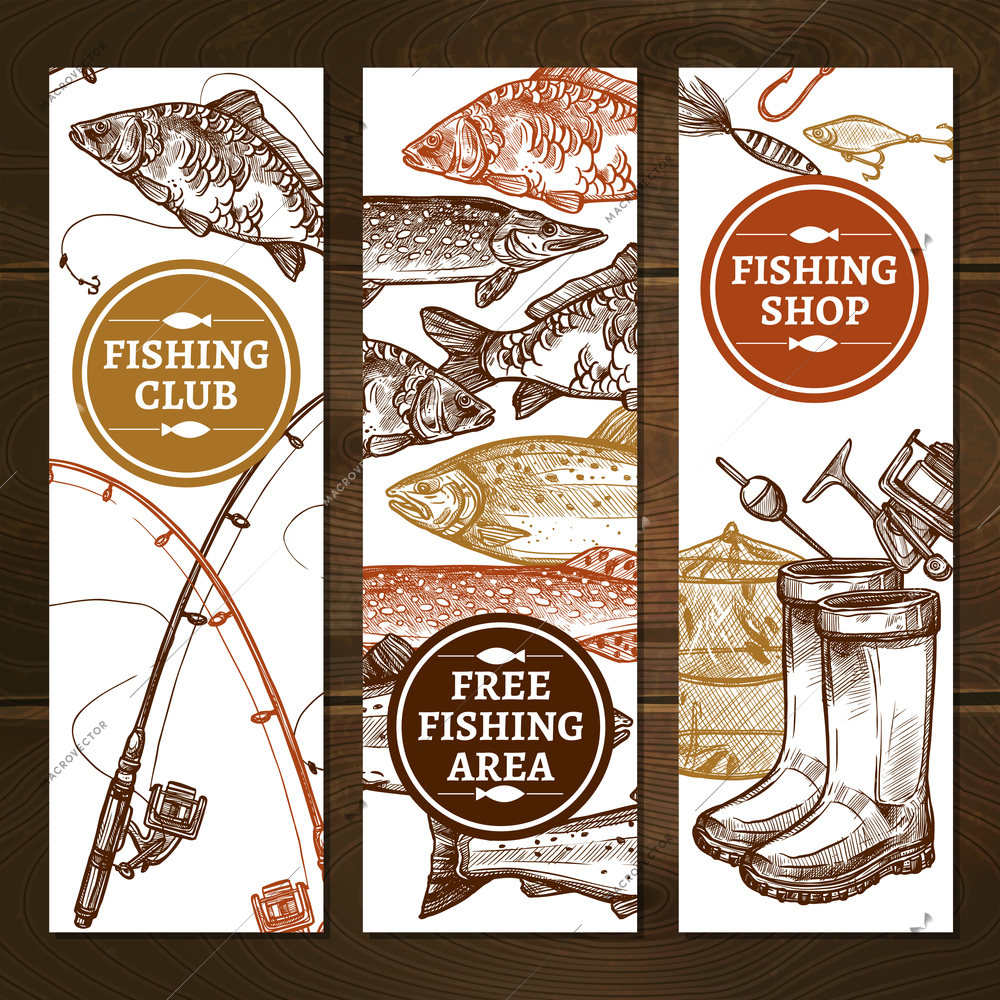 Fishing Sketch Concept. Fishing Vertical Banners. Fishing Vector Illustration. Fishing Hand Drawn Set. Fishing Design Symbols.