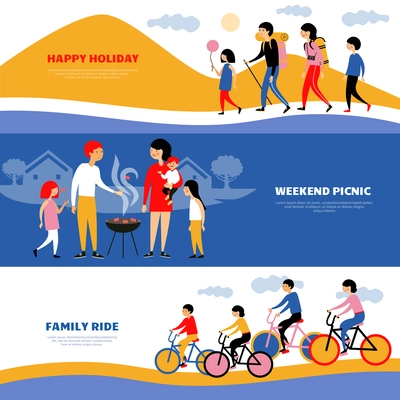 Holiday weekend family bbq picnic 3 flat horizontal banners set with bicycle ride abstract isolated vector illustration