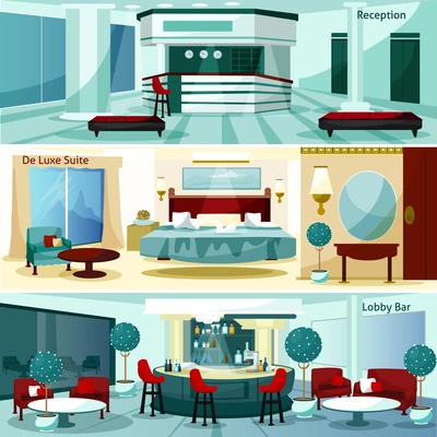 Three modern hotel interior de luxe suite and lobby bar horizontal banners cartoon vector illustration