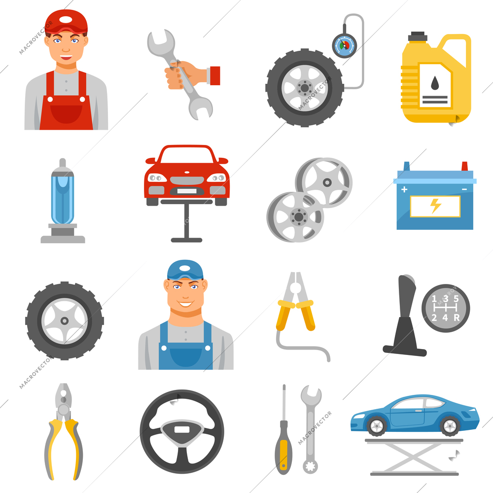 Car repair shop tools and accessories and auto service mechanic flat icons set abstract isolated vector illustration