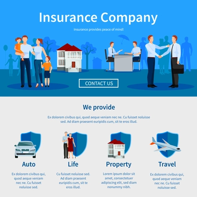 Insurance company one page website with negotiations and icons of auto travel life and property vector illustration