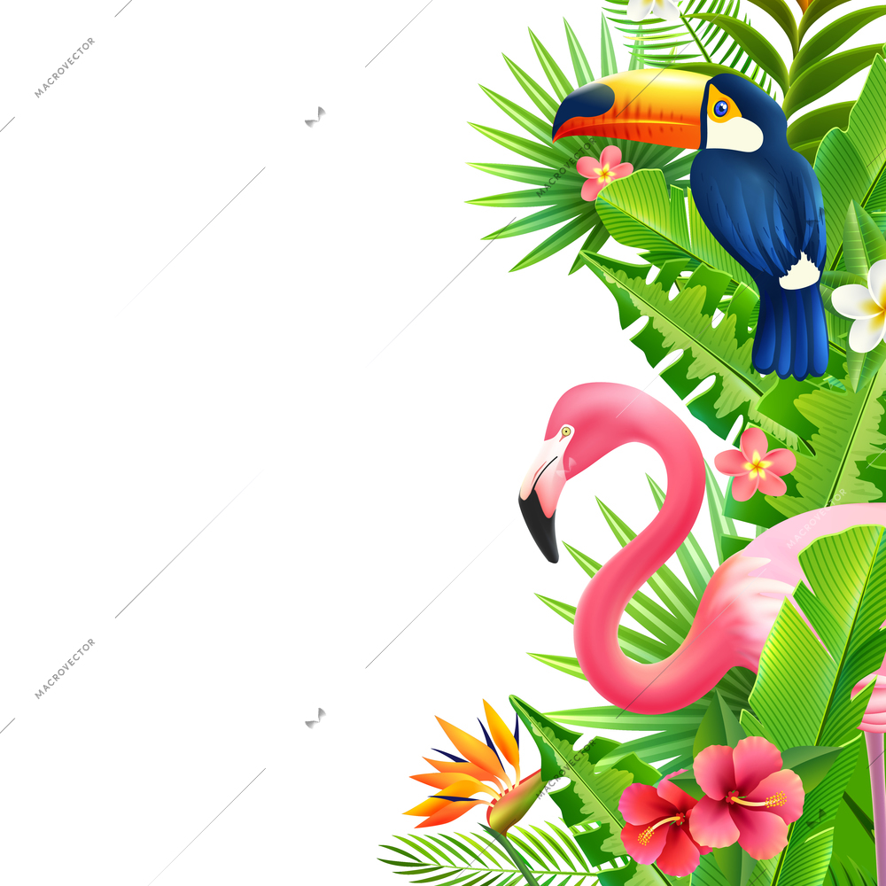 Opulent rainforest foliage vertical border with pink flamingo  toucan and bird of paradise flower colorful vector illustration