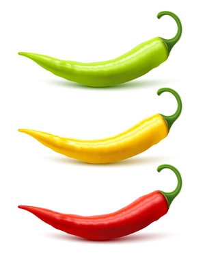 Hot chili peppers pods red yellow and green realistic image on white background with shadow isolated vector illustration