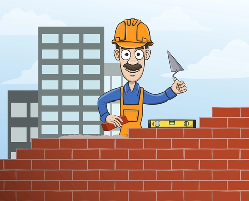 Construction site mason worker in helmet building red brick wall with trowel vector illustration
