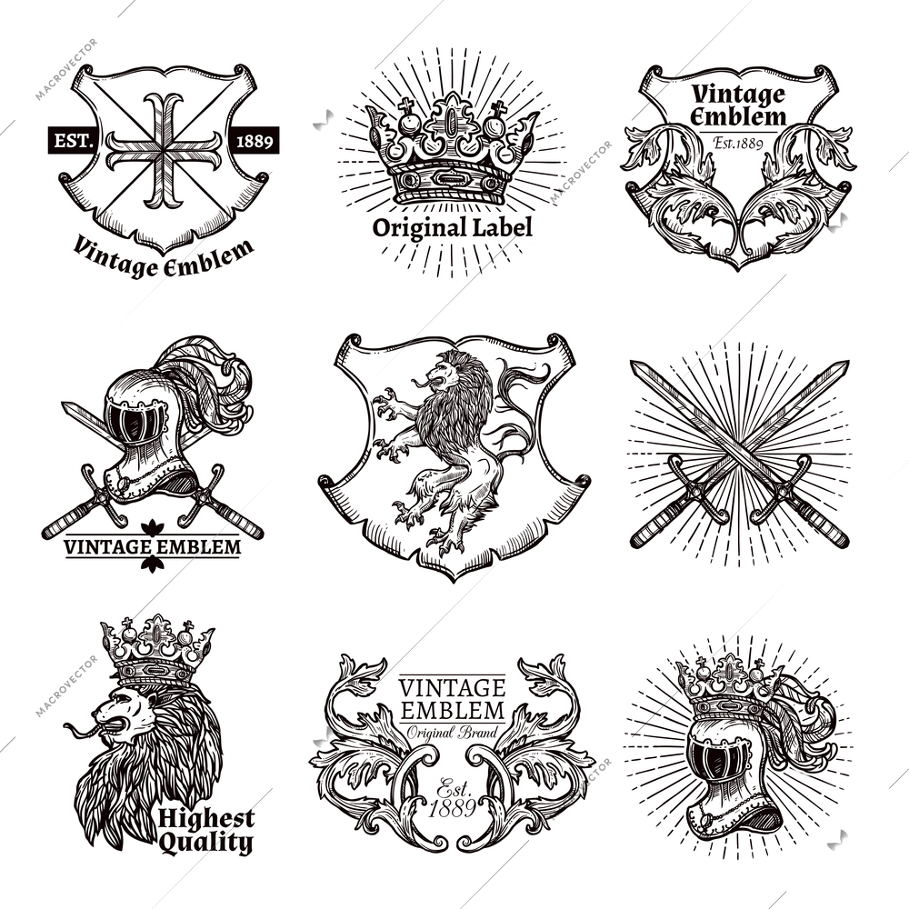 Heraldic grayscale isolated emblems set with crowns shields lions and swords in medieval style  vector illustration