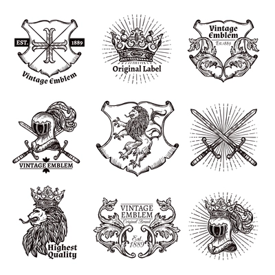 Heraldic grayscale isolated emblems set with crowns shields lions and swords in medieval style  vector illustration