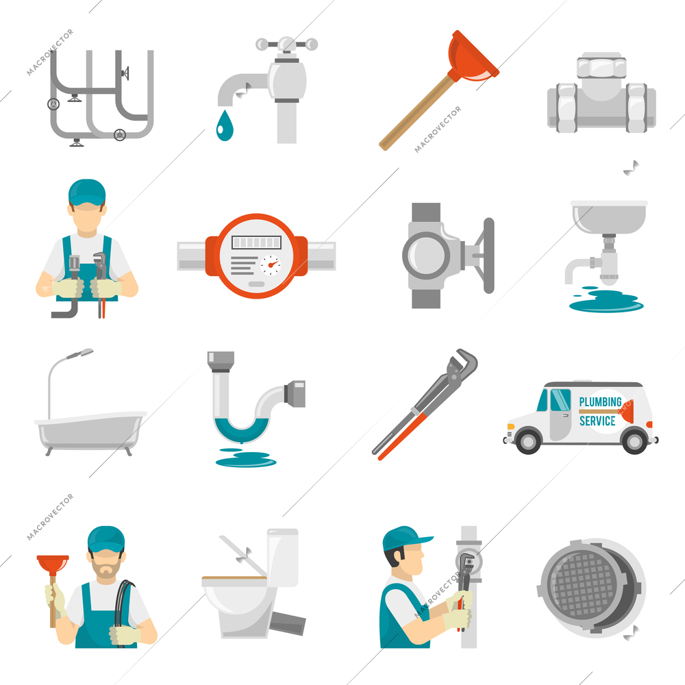 Plumbing Icons Set.Plumbing Vector Illustration.Plumbing Flat Symbols.Plumbing  Design Set. Plumbing Elements Collection.