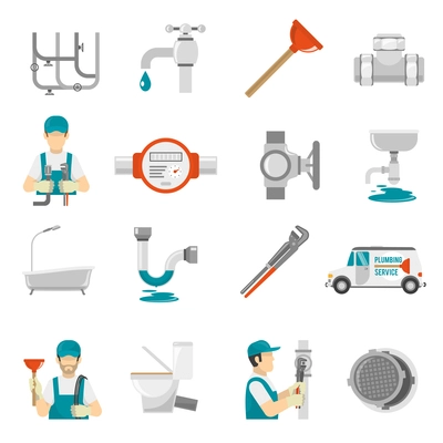 Plumbing Icons Set.Plumbing Vector Illustration.Plumbing Flat Symbols.Plumbing  Design Set. Plumbing Elements Collection.