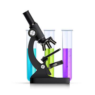 Scientific chemical research lab equipment black microscope side view with 3 colorful test tubes realistic vector illustration