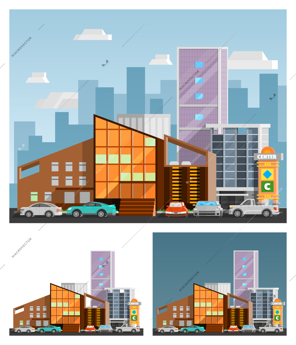 Shopping mall building  orthogonal compositions set with signboard flat isolated vector illustration