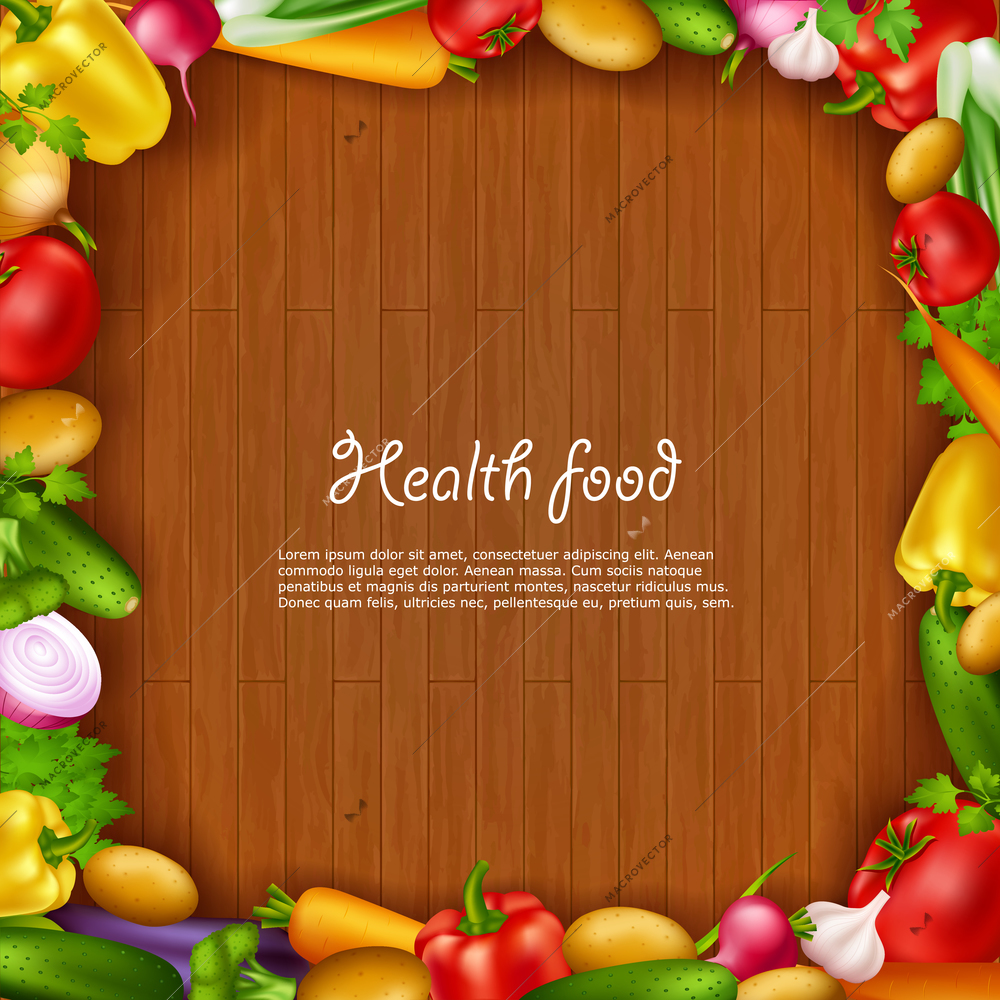 Health food background with colorful fresh vegetable frame containing decorative elements of tomatoes onion carrots garlic potatoes cucumbers realistic signs vector illustration