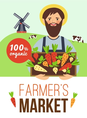 Farmers market advertisement flat poster with organic grown vegetables and meat with countryside background abstract vector illustration