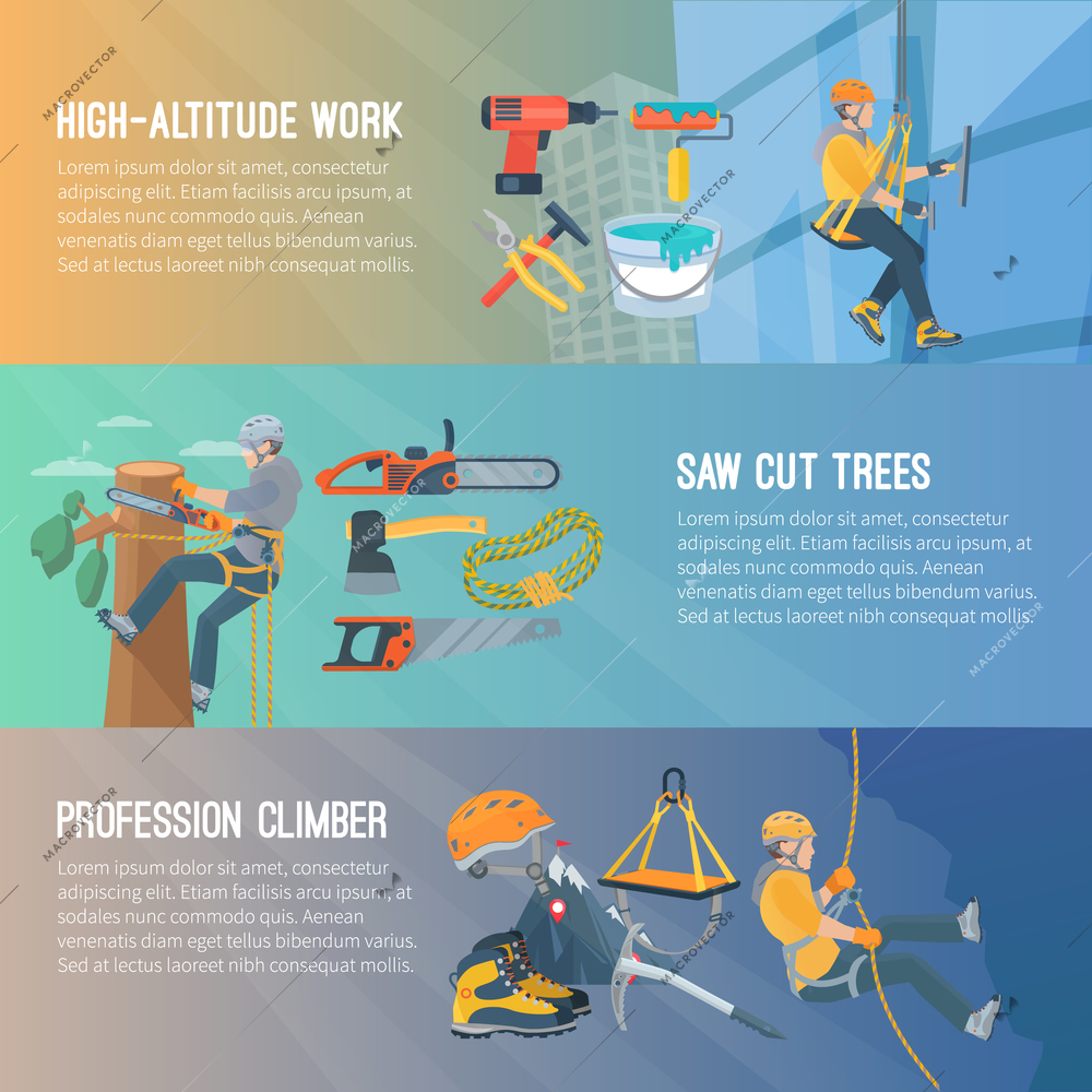 Horizontal flat color banners about high-altitude work saw cut trees profession climber vector illustration