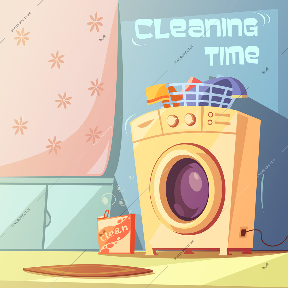 Cleaning time cartoon background with washing machine and bath vector illustration