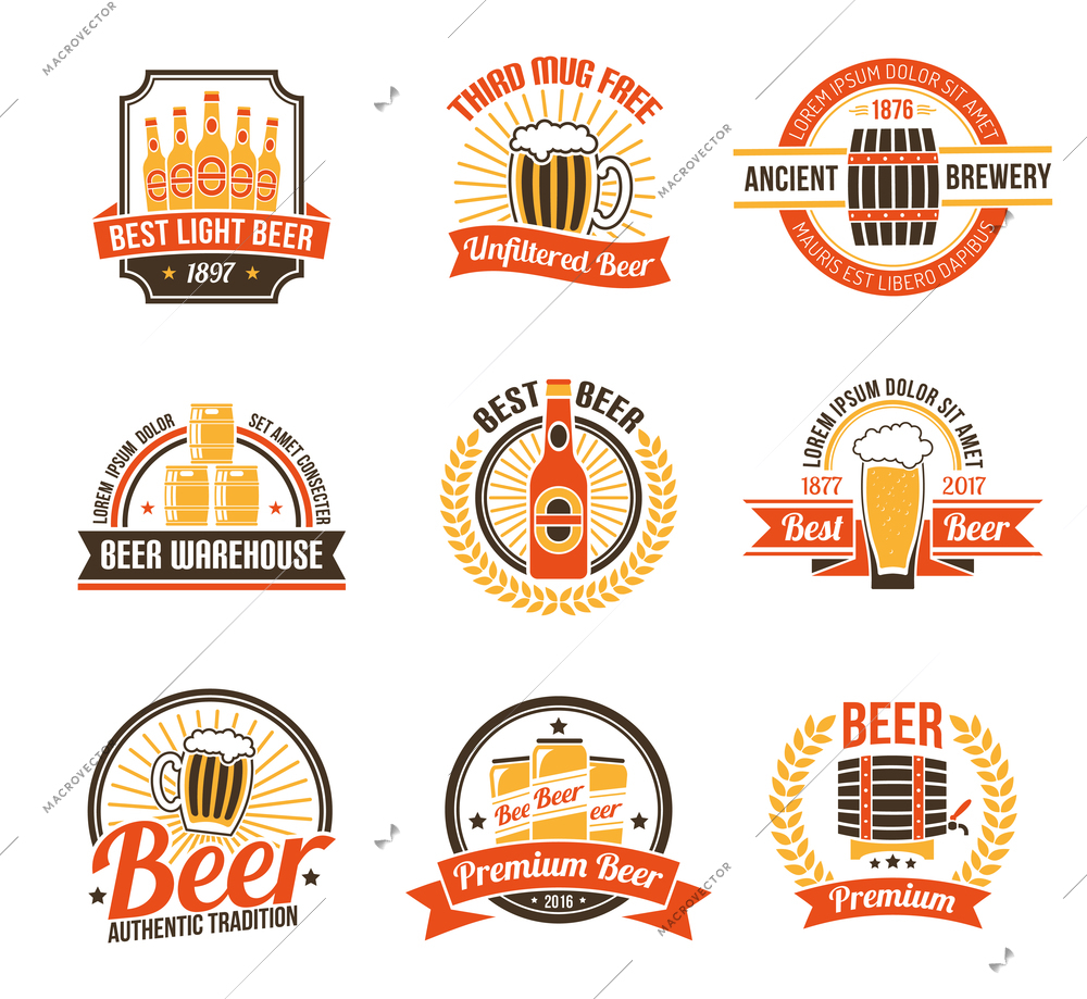 Brewery Logo Set. Brewery Labels Set.  Brewery Emblems Set. Brewery Vector Illustration. Brewery Flat Symbols. Brewery Design Set.