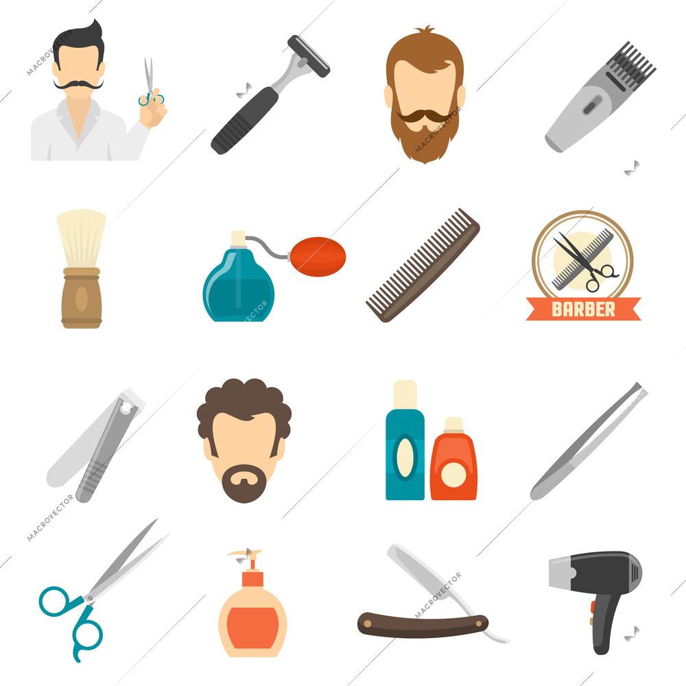 Set color icons about barber with shave equipment and personal hygiene accessories isolated vector illustration