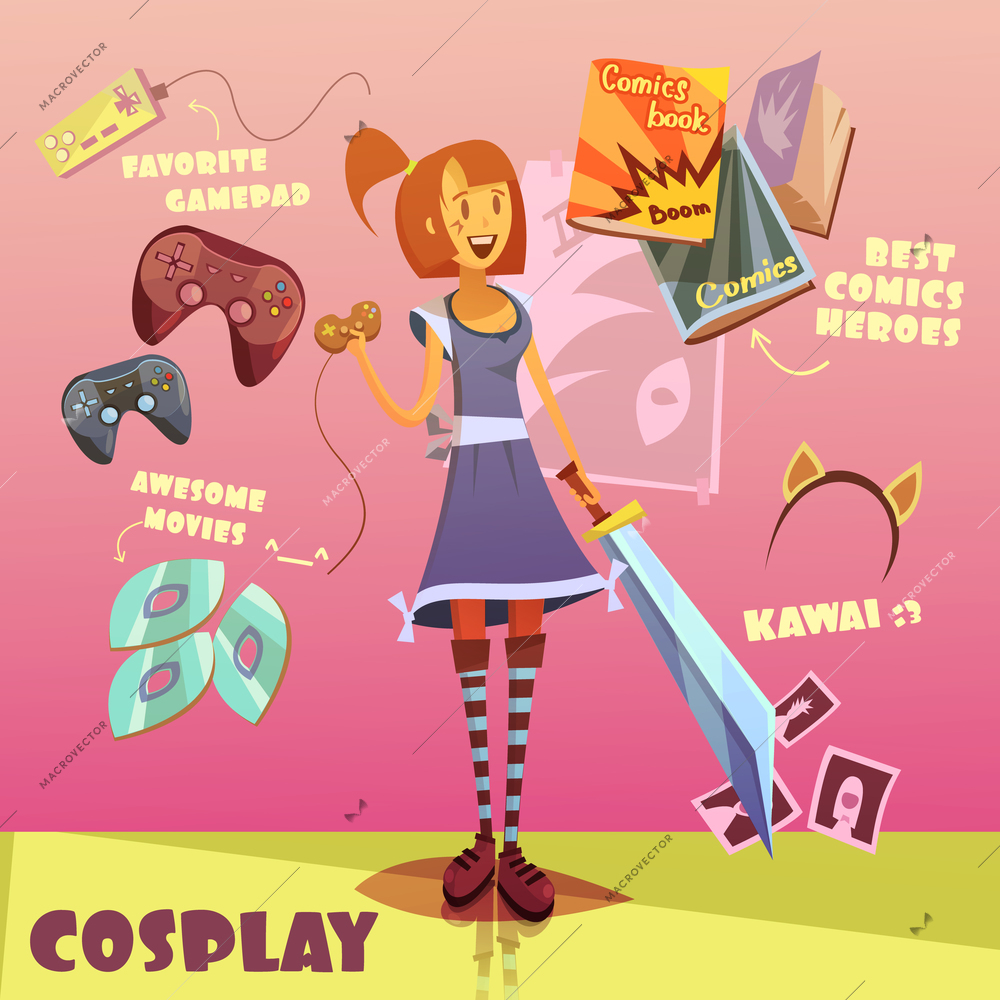 Cosplay character cartoon set with comics books and movies symbols vector illustration