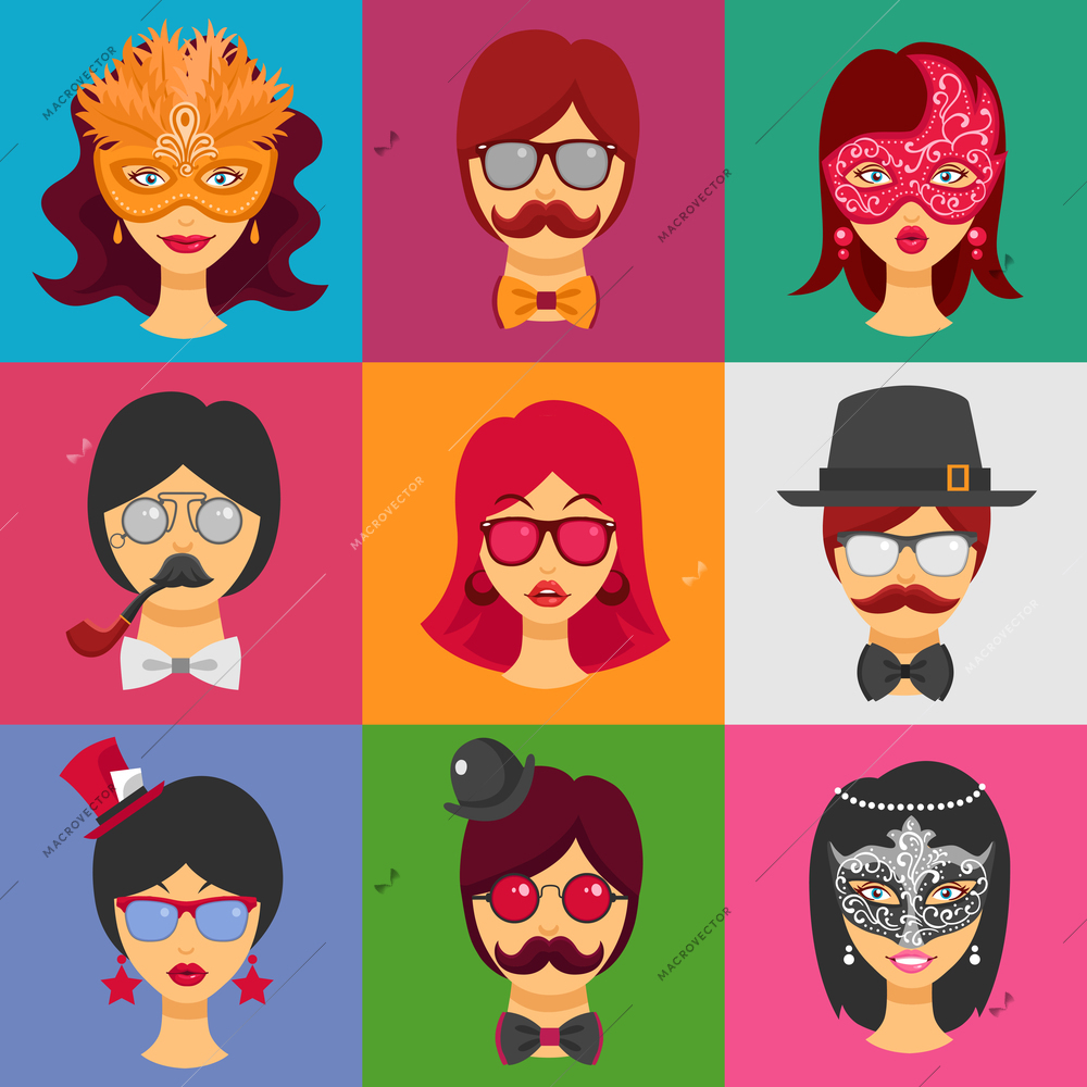 Flat collection of decorative icons with people faces in carnival masks and masquerade attributes  for retro party isolated vector illustration