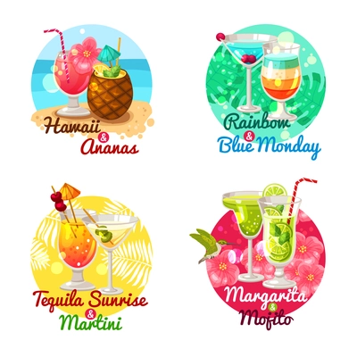 Flat composition 2x2 depicting type of tropical cocktails in special glasses with title vector illustration