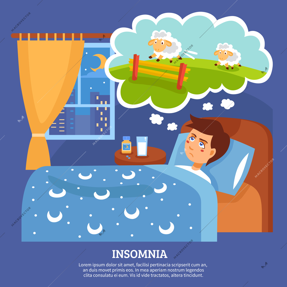 Insomnia sleep disorder symptoms with sleepless night cure tips flat poster abstract vector illustration