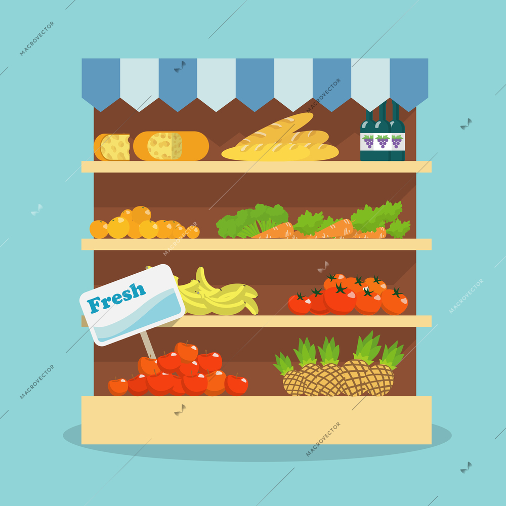 Supermarket grocery shelf layout with fresh fruits, vegetables, bread and wine flat vector illustration