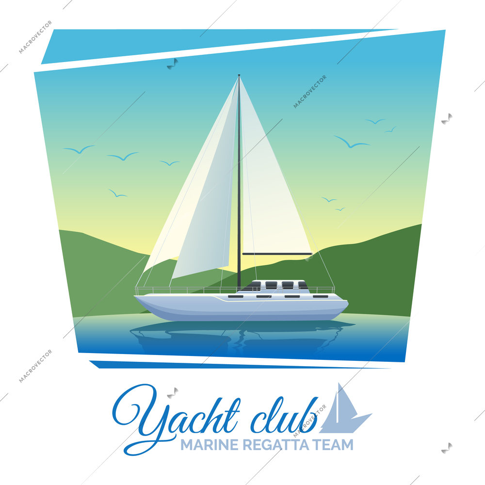 Yacht club poster with sailing ship on water flat vector illustration