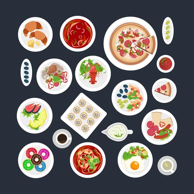 A set of top viewed plates in different sizes with various food vector illustration
