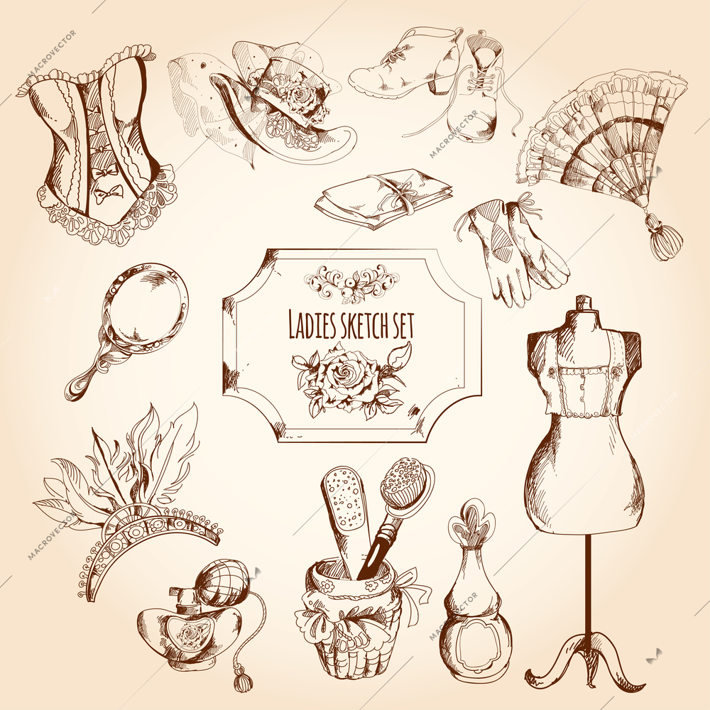 Ladies sketch set with retro woman fashion clothes and decorative elements isolated vector illustration