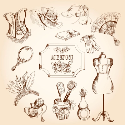 Ladies sketch set with retro woman fashion clothes and decorative elements isolated vector illustration