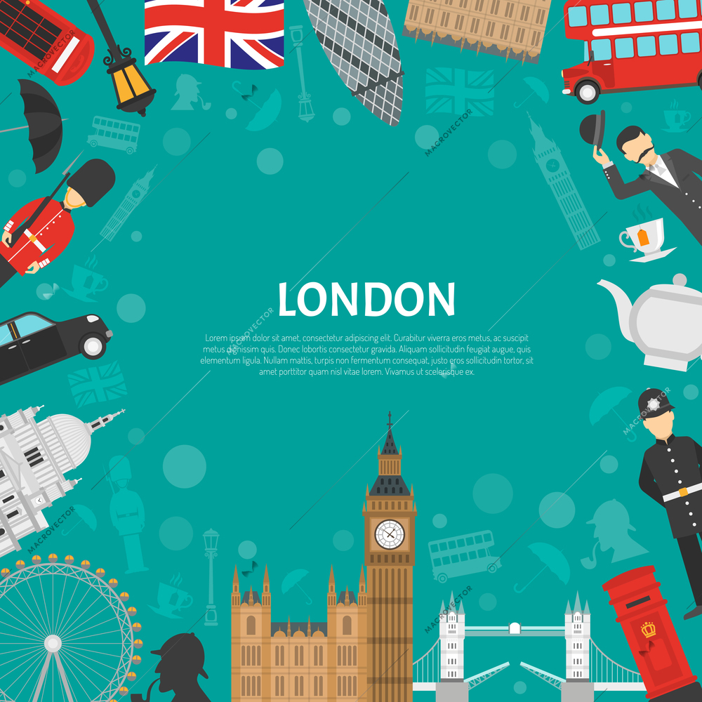 London city landmarks and cultural symbols decorative border design for frame or notepad flat abstract vector illustration
