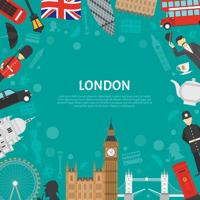 London city landmarks and cultural symbols decorative border design for frame or notepad flat abstract vector illustration
