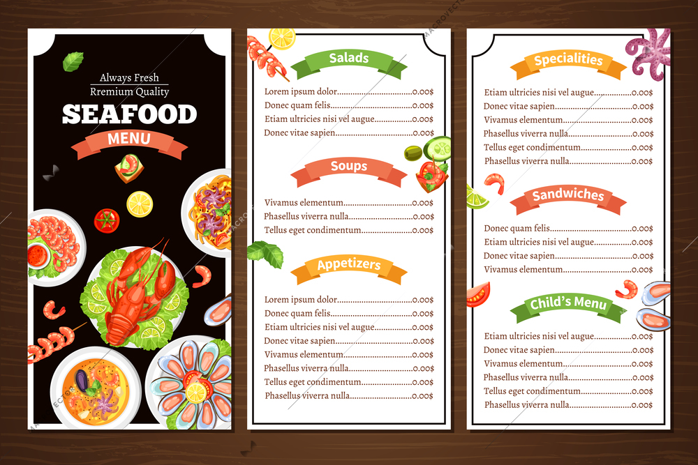 Compact color menu for seafood cafe or restaurant with wood background with title group of meal vector illustration