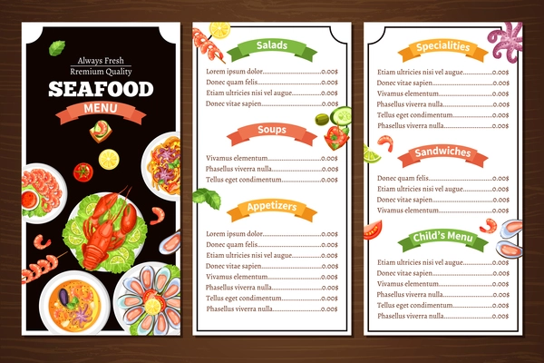 Compact color menu for seafood cafe or restaurant with wood background with title group of meal vector illustration