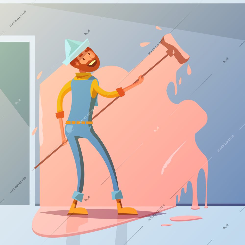 House painter cartoon background with interior redecorating symbols vector illustration